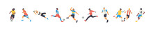 Set Of Diverse Soccer Player Men Athlete Team Figures. Colorful Retro Style Football Game Male Players Illustration Collection. Includes Foot Ball Kick Pose, Goalkeeper Catch On Isolated Background.