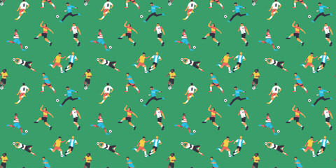 Diverse soccer player men athlete team seamless pattern. Colorful retro style football game male players print illustration. Includes foot ball kick pose, goalkeeper catch background.