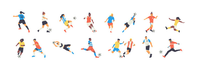 diverse soccer player people team set. colorful retro style athlete group playing football game on i