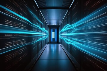 image shows a high speed internet data center corridor lit up with blue neon depicting the flow of d