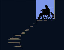 A Man In A Wheelchair Is Seen At The Top Of A Stairway He Cannot Use In A Vector Illustration About Handicapped Accessibility.