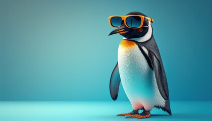 cool penguins face with sunglasses, empty copy space for text, pastel blue studio background. Generative AI.