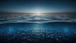  an ocean scene with a sun rising over the water and a lot of fish swimming in the water. generative ai