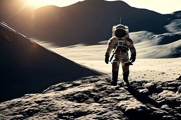 Wall Mural - Astronaut Exploring Moon With Mountains And Sun, Created Using Technology. Generative AI