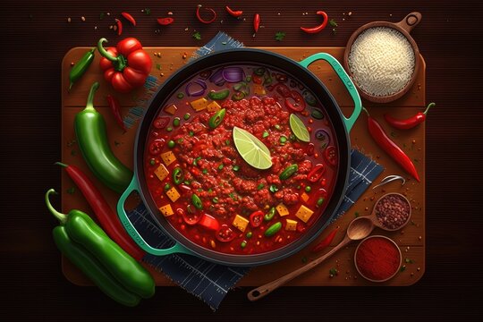Top view of a red saucepan containing chili con carne (ground meat, veggies, and beans cooked in a sauce made from tomatoes). Theories about Mexican cuisine. Generative AI