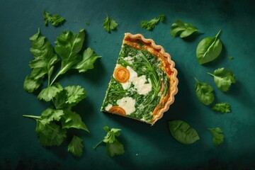 Poster - Green backdrop with slices of a classic French open quiche pie stuffed with feta cheese and vegetables. In this horizontal copy space, you have the option to copy in either portrait or landscape mode