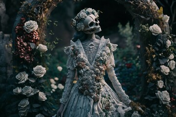 A patch of lifeless roses and a bone structure replica of a female in bridal gown. AI era has arrived.