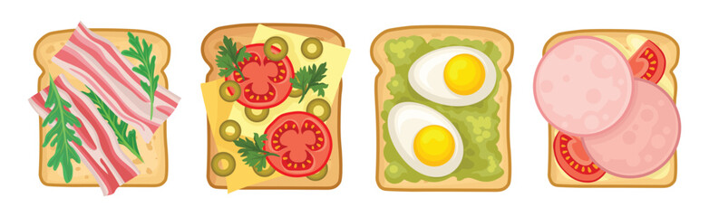 Sticker - Tasty Sandwich and Bread Slice or Toast with Topping Vector Set