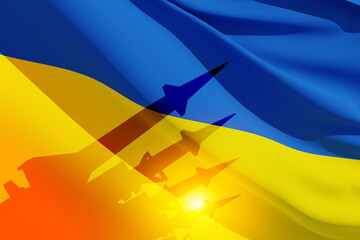 Wall Mural - Silhouette of missiles on a background of the flag of Ukraine and the sun. Weapon concept. 3d rendering.