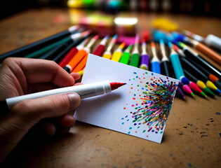 Blank card in hand with colorful markers and pens, creative writing or art concept, generative AI