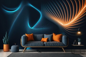 Wall Mural - a blue orange neon light abstract geometric backdrop. Radiant undulating line. Adorn your walls with this minimally decorated mural from the future. Generative AI