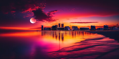 Wall Mural - city panorama at pink orange evening sunset at sea big fool moon,medieval and modern houses on horiz