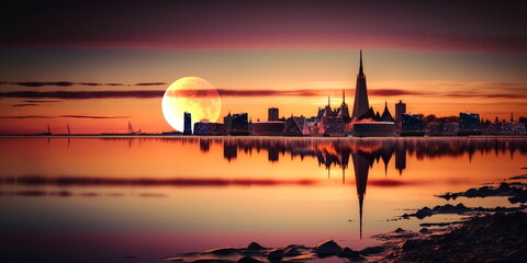 Wall Mural - city panorama at pink orange evening sunset at sea big fool moon,medieval and modern houses on horiz