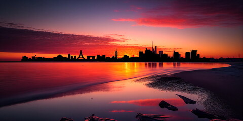 Wall Mural - city panorama at pink orange evening sunset at sea big fool moon,medieval and modern houses on horiz