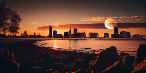 Wall Mural - city panorama at pink orange evening sunset at sea big fool moon,medieval and modern houses on horiz