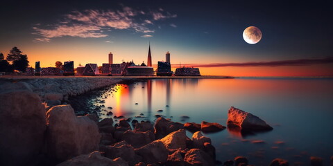 Wall Mural - city panorama at pink orange evening sunset at sea big fool moon,medieval and modern houses on horiz