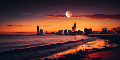 Wall Mural - city panorama at pink orange evening sunset at sea big fool moon,medieval and modern houses on horiz