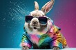 portrait of happyvbunny rabbit celebrating easter festival with splash glittering rainbow papers background.generative ai.