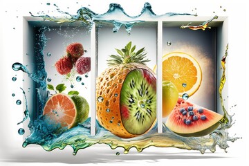 Wall Mural - View of a fruit vista. A few drops of water splashed out. high resolution collage for Skinali (glass panel). White background, isolated. Generative AI