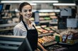 Smiling woman serving a cashier in a supermarket, satisfied worker, AI generated.