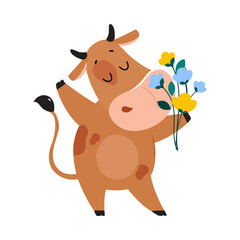 Canvas Print - Cute happy brown cow smelling bouquet of flowers. Lovely farm animal character cartoon vector illustration