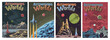 Retro Style Fantastic Space Landscape Posters Set. 1950s Retro Future Comic Book Illustrations
