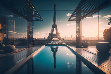 view from an expensive rooftop hotel with a swimming pool in paris eiffel tower. generative ai.