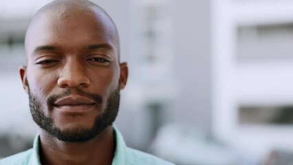 Poster - Mockup, serious and face of black man for business success, goals and ceo mindset in urban town. Leadership, copy space and portrait of male entrepreneur with confidence, pride and attitude in city