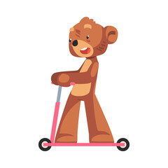 Canvas Print - Cute bear character riding kick scooter cartoon vector illustration