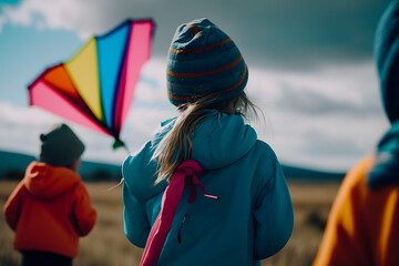 Several children fly a kite in a field in the wind. Generative AI