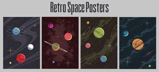 Wall Mural - Retro Style Space Astronomy Background Posters Set. Solar System Planets Colorful Design Illustrations