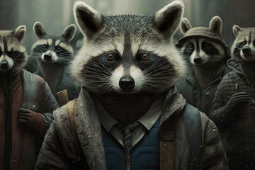 Wall Mural - finding balance in an unstable society – the struggles of a racoon-human hybrid generative ai