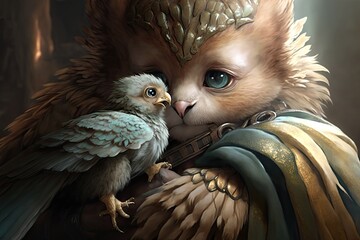 Wall Mural - a baby griffin's protection of kinship kindness generative ai