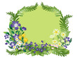 Couronne fleurs de printemps et feuillages - fond cercle vert