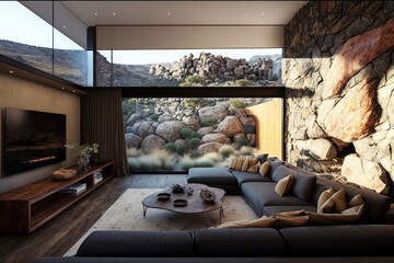 Wall Mural - A natural rock wall from the mountains was integrated into the contemporary design of the living area. Generative AI