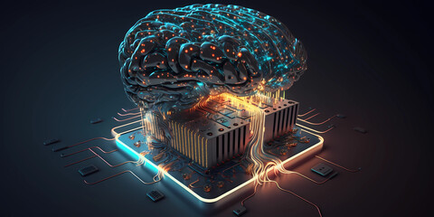 Artificial Intelligence Microchip 3d Brain Memory. Ai Design Micro Brain Engineering. Electrical Motherboard Digital Brain Circuit.