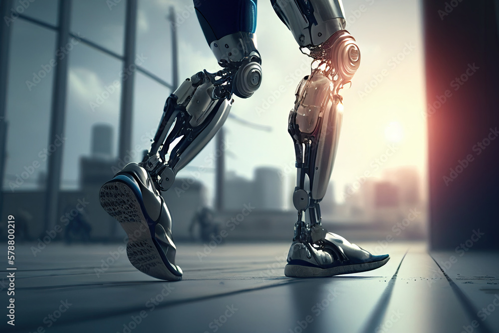 Robot mechanical foot is walking on the floor. Cyborg detail ...