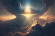 Sun rays break through the clouds in the sky. Entrance to heaven. Created with Generative AI