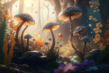 Poisonous Mushrooms In The Forest. Created With Generative AI