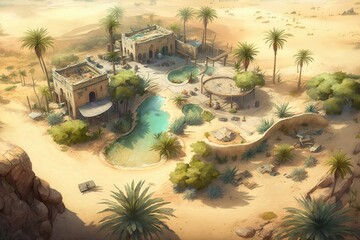 Wall Mural - Oasis in the desert, seen from above. Action. Gorgeous desert oasis complete with a quaint settlement. A city with an oasis in the desert, with distant mountains in the distance. Generative AI