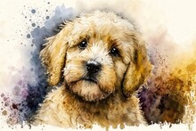 Yellow And Shaggy Puppy Watercolor Painting. Generative AI