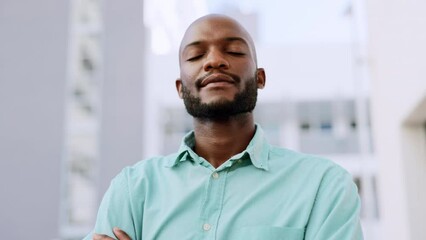 Poster - Business, serious and face of black man in city for success, goals and ceo mindset in urban town. Leadership, motivation and portrait of male entrepreneur with confidence, ambition and pride attitude