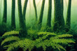Prehistoric antediluvian forest landscape with primitive trees and ferns. Generative AI