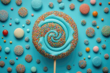 Wall Mural - Candy lollipop sprinkles on a blue background, viewed from above. Generative AI