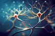 © Iaroslav - Neurons cells close up 3d render. Synapses and axones transmitting electrical signals. Generative ai
