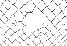 The Texture Of The Metal Mesh On A White Background. Torn Steel, Metal Mesh With Holes