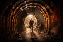 Tunnel In Old Copper Mine Showing Miner Exploring For Precious Metals. Generative AI