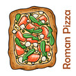 Philadelphia pizza with salmon, shrimps, tomatoes, mozzarella, capers, Philadelphia cheese. Roman pizza rectangular on white background