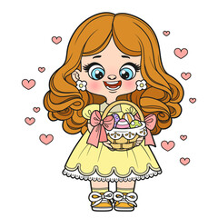 Sticker - Cute cartoon girl with easter basket color variation for coloring page on white background