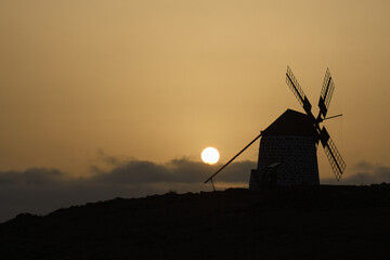 Sunset at the windmills of La Oliva in Fuerteventura